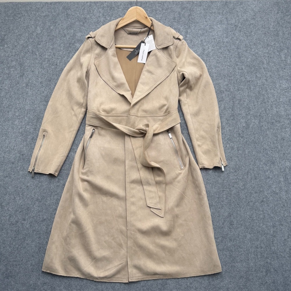 Tahari Womens Faux Leather Suede Trench Coat Sand Beige TH34204 Size Medium NWT